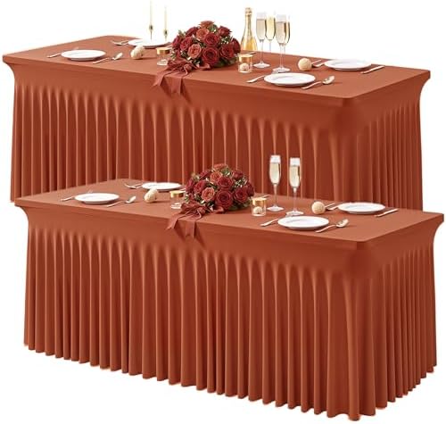 Wish Care 2 Pack Rust Spandex Table Clothes for 6 Foot Rectangle Tables, 6FT Wrinkle Free Fitted Tablecloths Ruffles Design Table Cloth for Party, Banquet, Wedding and Events by WishCare
