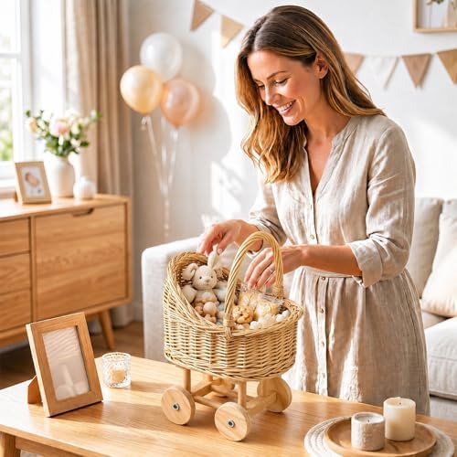 12.4 Inch Wicker Baby Carriage Handmade Wicker Stroller for Baby Shower Cute Woven Rattan Flower Basket with Handle for Floral Arrangement Photo Props Wedding Party Decor Centerpieces - Image 4