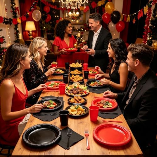 200pcs Red and Black Plastic Plates Party Supplies, Disposable 9’’ Dinner Plates and Napkins, Cups & Cutlery Plastic Dinnerware Set for Birthday, Halloween, Christmas, Serves 50 Guests - Image 6