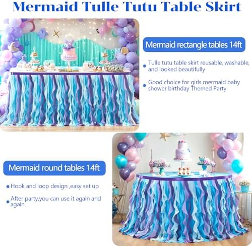 Partisky Mermaid Tulle Tutu Ruffle Curly Willow Table Skirt for Rectangle Table 14ft, Mermaid Themed Party Table Cloth for Girls Birthday Party or Baby Shower - Image 5