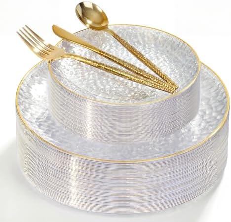 I00000 150 Clear Plastic Plates Set, Disposable Hammered Plates for party by I00000