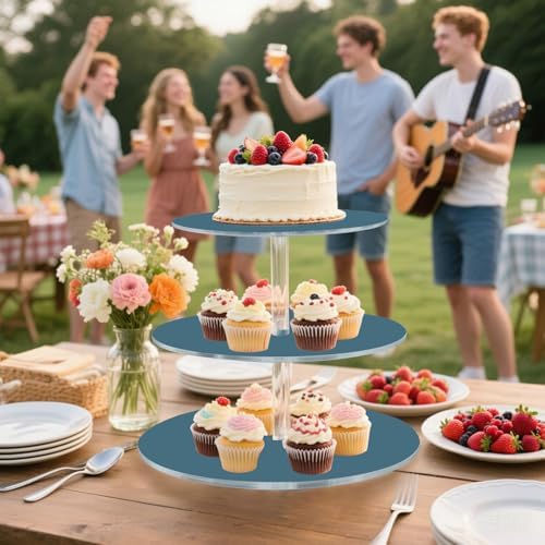 J JOYSAY Deep Blue Pattern Acrylic Cupcake Stand 3 Tier Dessert Table Display Set Clear Cake Stands for Baby Shower Wedding Party Decorations Easy Assembly Donut Tower - Image 6