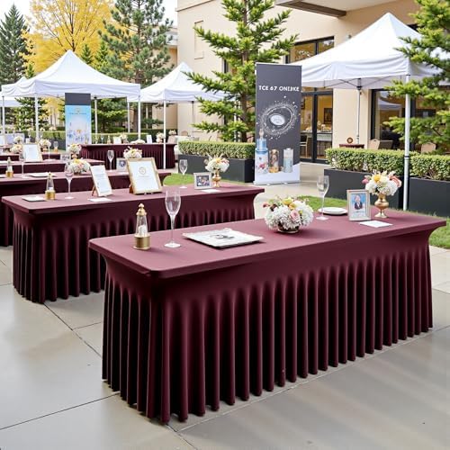 6 pk Burgundy Spandex Tablecloth 6ft with Ruffled Tables,Wrinkle Free High-Stretch Fitted Table Cloths for 6 Foot Rectangle Tables,Elastic Maroon Spandex Table Covers 6 ft for Weddings Banquet Dinning - Image 6