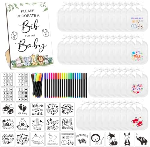 SytuHe 95 Pcs DIY Baby Bibs Decorating Kit50 White Bibs 24 Stencils 20 Fabric Markers 1 Baby Shower Game Sign by SytuHete
