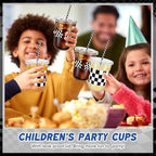 LemonRoad 100sets 16oz Checkered Flag Cups Race Car Birthday Party Decorations Supplies Plastic Cups Disposable with Lids and Straws for Racing Party Christmas Birthday Wedding Baby Shower Decoration - Image 6