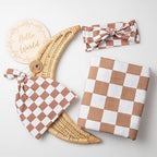 Miaoberry 100% Organic Muslin Swaddle Set| Checkered in Coffee Latte 47 * 47 with Hat,Bow and Arrival Card - Image 2