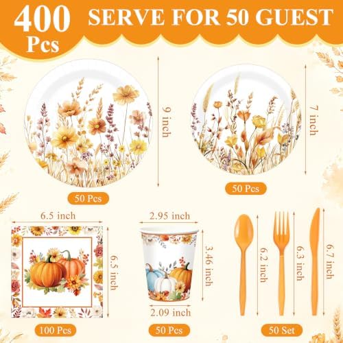 Pickmesh 400 Pcs Fall Floral Plates and Napkins Set for 50 Guests - Image 2
