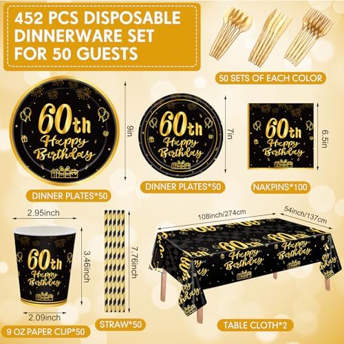 Funnymoom 452 Pcs 60th Birthday Party Decoration Supplies Black and Gold 60th Birthday Paper Plates and Napkins Cups Tablecloth Cutlery Straws Disposable Tableware for Cheers to 60 Years Anniversary - Image 3