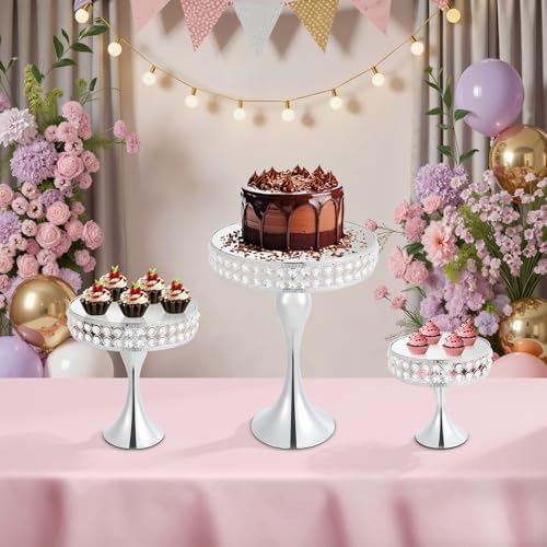 3pcs Round Mirror Cake Stands, Metal Cupcake Display Stand with Crystals, Dessert Pedestal Cupcakes Dessert Cheese Display Plates for Wedding Birthday Party for Baby Shower Home Decor - 15/11/8 Inch Tall (Silver) - Image 2