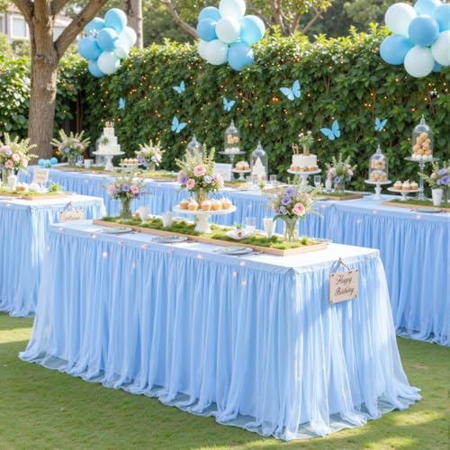 6 Pack Baby Blue Tablecloths for 8 Foot Rectangle Tables Ruffle Tulle Tablecloth Light Blue Table Cloth Rectangle 8ft Spandex Table Cover for Baby Shower Boy Birthday Party Banquet Table Skirt - Image 6