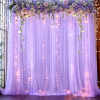 Lavender Tulle Backdrop Curtain with Lights String for Wedding Baby Shower 20×10ft Lavender Sheer Backdrop Curtain for Bridal Shower Birthday Party Photoshoot Background Decorations(4 Panels 5×10ft) - Image 3