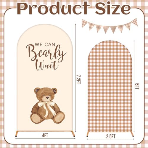 Remagr 2 Pcs We Can Bearly Wait Arch Backdrop Covers (7.2ft, 6ft) Tan Gingham & Teddy Bear Arch Covers Baby Shower Decorations with Checkered Pennant Banner for Baby Shower Party Decor Props - Image 2