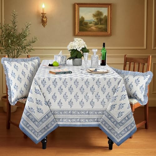 Ridhi Block Print Coastal Blue Rectangle Cotton Tablecloth 108" x 60" Reusable Table Cover Decorative Everyday Use for Dining, Farmhouse, Home Gift for Spring, Easter, Valentine - Image 2