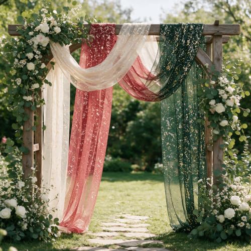 Artoid Mode 6PC Beige Red Green Gauze Table Runner 120 Inch 10FT, Glitter Metallic Foil Sheer for Wedding Anniversary Holiday Birthday Home Party Decor - Image 5