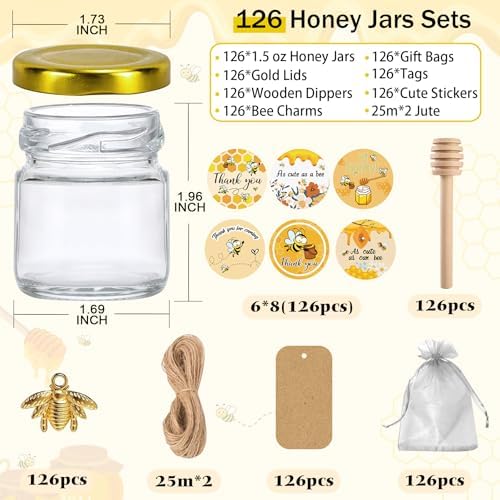 Aliggbent 126 Pack Mini Honey Jars 1.5 oz Round Glass Dippers with Labels - Image 2