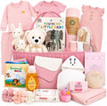 Premium New Baby Girl Gift Basket | Newborn Essentials Care Package in Diaper Caddy Organizer | Plush Toy, Baby Clothes, Bath Set, Hooded Towel, Rattle, Keepsakes & More Pink & White by Beyond+The+Box