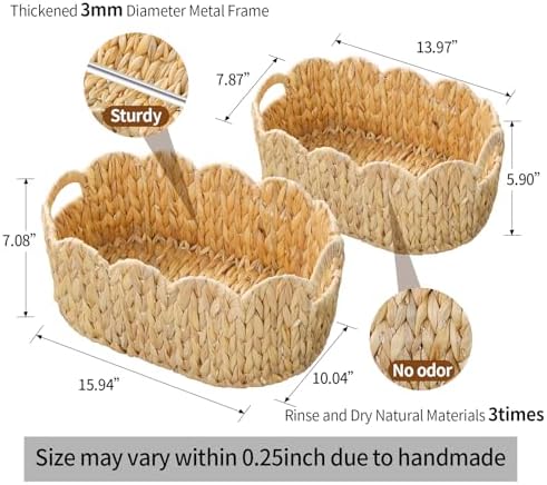 Coeusy Scalloped Basket Set of 2,Water Hyacinth Basket for Organizing and Decor,Hand-Woven Wicker Storage Baskets with Built-In Handles for Nursery,Gift - Image 5