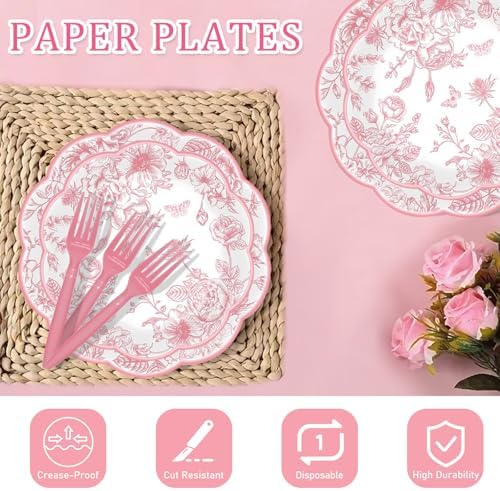 250 Pcs Pink Floral Plates and Napkins, 50 Guests Pink and White Scalloped Disposable Tableware Set Vintage Paper Plates Napkins for Wedding Bridal Shower Tea Garden Party Supplies - Image 5