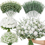 Serwalin 240 Pcs Mixed Eucalyptus Greenery Stems, White Roses, Babys Breath by Serwalin
