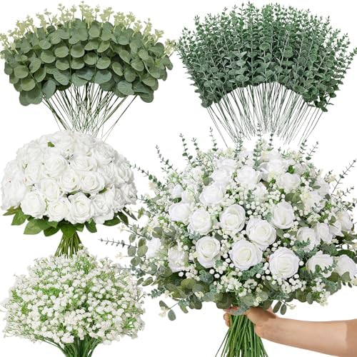 Serwalin 240 Pcs Mixed Eucalyptus Greenery Stems, White Roses, Babys Breath by Serwalin