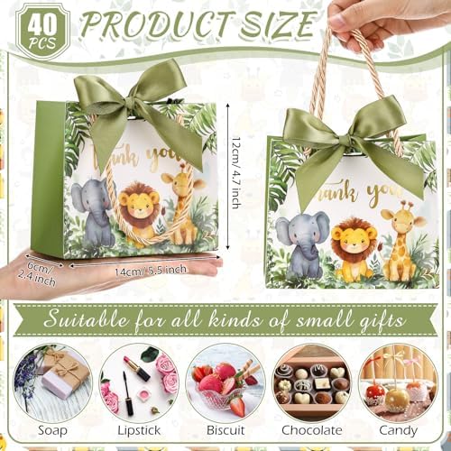 TaoBary 40 Pack 5.5''x 2.5''x4.7'' Small Jungle Safari Gift Bags with Handles Mini Paper Woodland Animal Thank You Gift Bag Bulk with Bow Ribbon for Baby Shower Boy Girl Birthday Party Supplies - Image 2