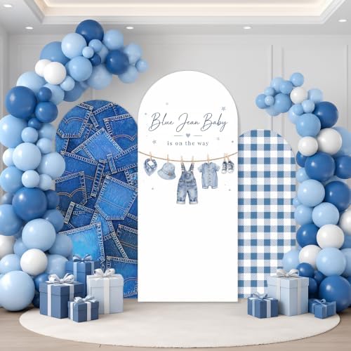 3PCS Blue Jean Baby Shower Arch Backdrop Cover 4ft 5ft 6ft Stretchy Spandex A Blue Jean Baby is on the Way Backdrop for Denim Baby Shower Gender Reveal Decorations Party Supplies Photo Props - Image 3