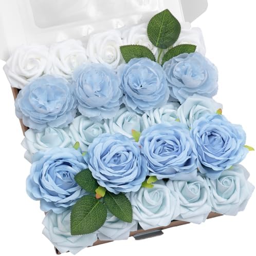 TINGE TIME 23pcs Artificial Wedding Flower Combo, Rose Peony Light Blue by TINGETIME