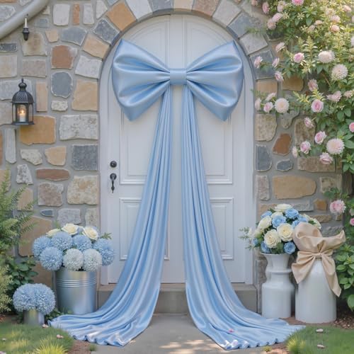 Large Blue Bow Decor, 24x16x79 Inches Big Silky Ribbon Bows for Room Wall Door Decorations Oversized Coquette Stain Bow Party Decorations for Birthday Bridal Baby Shower Wedding Photo Booth Backdrop - Image 2