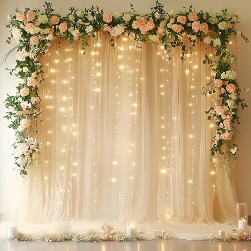 Fomcet Tulle Backdrop Curtains with Lights Champagne 10x10ft Sheer Curtain by Fomcet