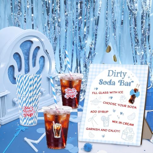 50 Pcs "She's Ready to Pop" Theme Baby Shower Disposable Plastic Cups with Straws, 12 Oz, with Bar Sign, Soda Theme, Gender Reveal, Pregnancy Announcement, Weddings, Bachelorette Party Supplies (Blue) - Image 5