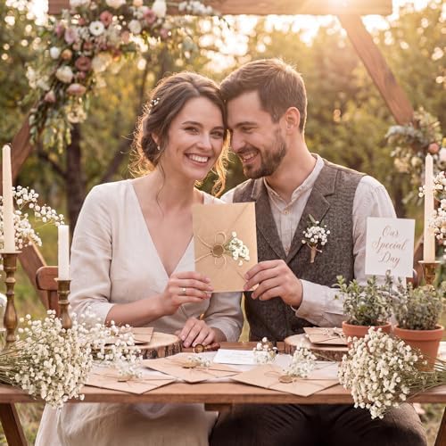 Jetec 50 Set Rustic Wedding Invitation Kits, 5 x 7 Inch Blank Kraft Envelope& Cards, Gold Wax Seals Stickers, Dried Baby's Breath Flowers & Rope, DIY Invitation Accessories for Wedding Bridal Shower - Image 4