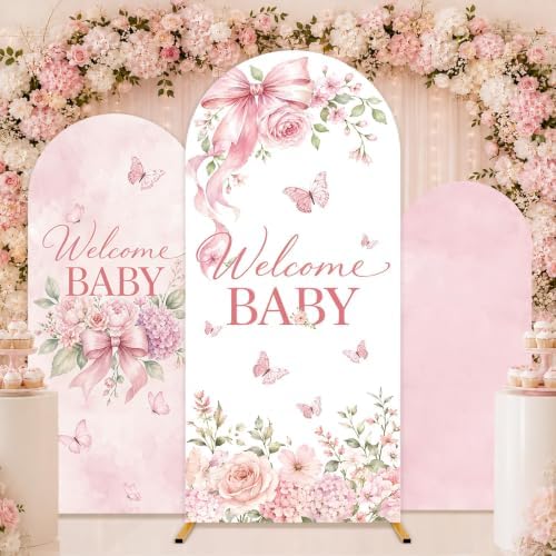3PCS Welcome Baby Arch Backdrop Covers Pink Floral Party Decorations by chiazllta