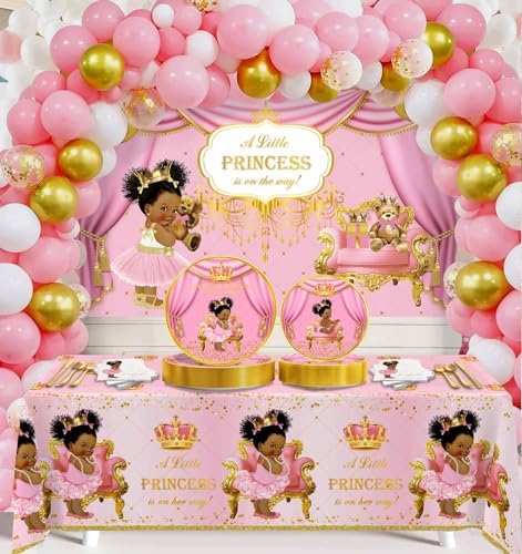Yuzioey 266pcs Royal Princess Baby Shower Decorations, Black Princess Baby Shower Supplies, Gold Pink Balloon Garland Kit, Disposable Dinnerware (Serve 24 Guests) Plates, Napkins, Backdrop,Tablecloth by Yuzioey