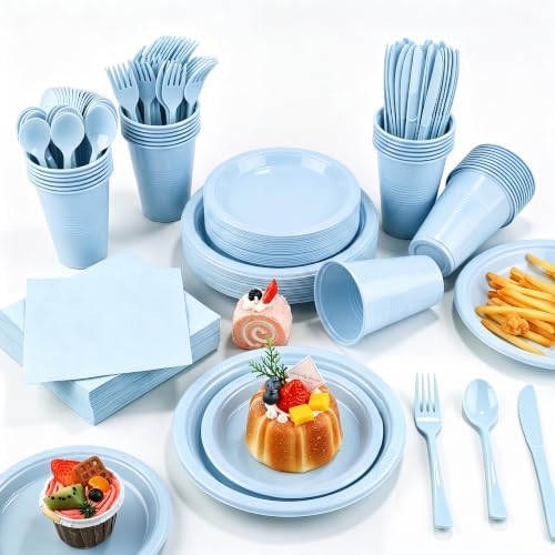 Kochorie 480 Pieces Light Blue Plastic Dinnerware Set Disposable Heavy Duty Plates Napkins Cups Silverware Dessert Dinner Plates for Birthday Wedding Baby Shower Party Supplies, Serves 60 Guests by Kochorie