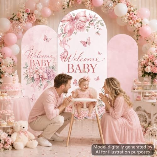 3PCS Welcome Baby Arch Backdrop Covers Pink Floral Party Decorations - Image 6