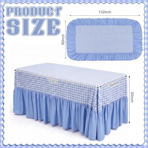 Haze Blue Gingham Tablecloth Plaid Ruffled Table Skirt, 132 x 90'' - Image 2