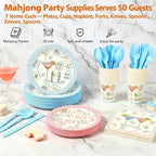 350 Pcs Mahjong Paper Plates and Napkins Set for 50 Guests - Disposable Tableware with Cups Forks Knives Spoons, Mahjong Themed Party Supplies for Game Night Birthday Decorations - Image 3