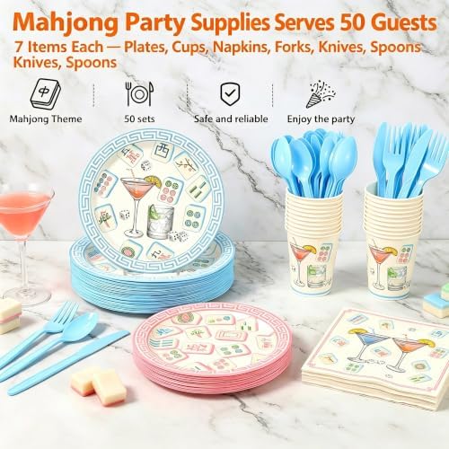350 Pcs Mahjong Paper Plates and Napkins Set for 50 Guests - Disposable Tableware with Cups Forks Knives Spoons, Mahjong Themed Party Supplies for Game Night Birthday Decorations - Image 3