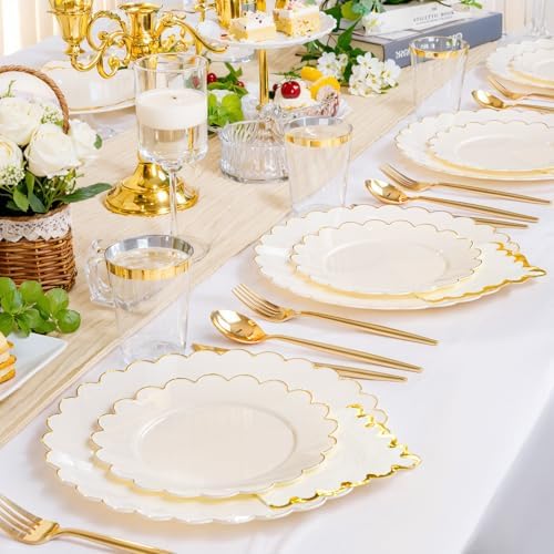 LIYH 210Pcs Ivory Scalloped Plastic Plates, Gold Rim Dinnerware Set Party - Image 6
