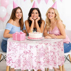 Ganeen 12 Pcs Pink Floral Bow Plastic Tablecloth 84 in Flower Round Vintage Tablecloth Disposable Round Waterproof Table Cover for Birthday Wedding Bridal Shower Baby Shower Tea Party Decoration Party - Image 6