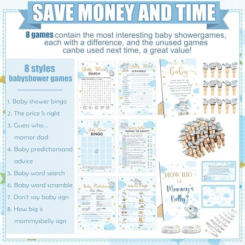Funnymoom 426 Pcs Blue Elephant Baby Shower Games Set, 8 Activities - Image 4