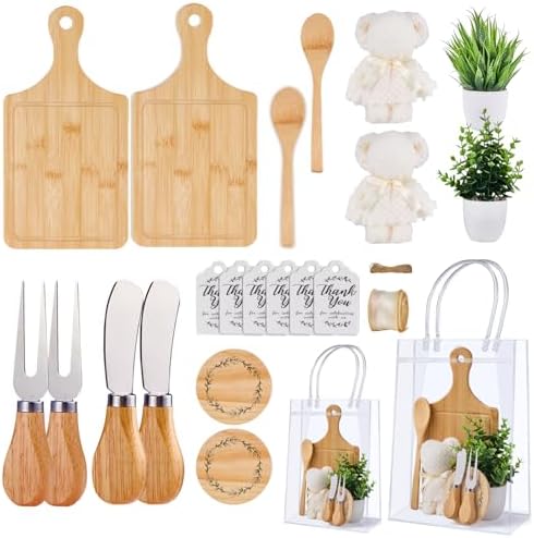 20Pcs Baby Shower Prizes for Game Winners Bamboo Cheese Board Fork Butter Spreaders Coasters Towel Artificial Potted Plant Gift Bag for Baby Shower Bridal Shower Favors (2 Sets, Bamboo Square Shaped) by WishFond