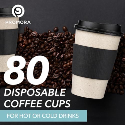 Promora 12 oz Natural Cream Disposable Coffee Cups with Lids & Sleeves, Hot Coffee Cup Sleeves Disposable, Premium Insulated To Go Coffee Paper Cups with Lids & Sleeves (12 oz, Pack of 80) - Image 3