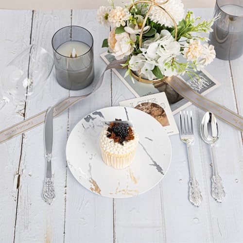 N9R 300PCS Silver Plastic Silverware, Vintage Disposable Utensils & Cutlery - Image 4