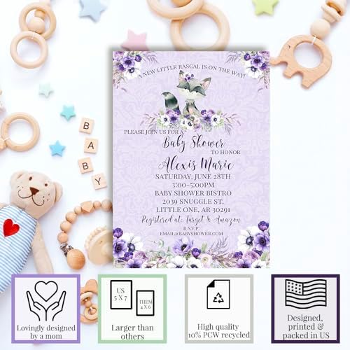 Amanda Creation Custom Baby Shower Invites Purple Raccoon Baby Shower Invitations 20 5x7 Custom Personalized Invites With Envelopes - Image 2