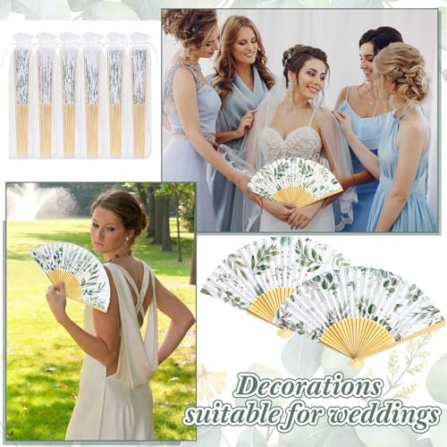 Briwooody 48 Set Eucalyptus Leaf Hand Folding Fans with Organza Bags Bulk Greenery Wedding Favors for Guests Boho Green Leaf Paper Fan for Bridal Shower Supplies Bridesmaid Gifts Party Decorations - Image 6