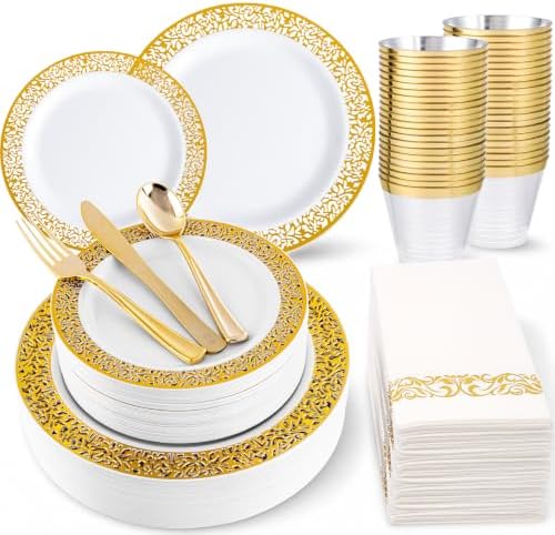 WELLIFE 210Pcs Gold Plastic Dinnerware - Disposable Silverware and Cups, Include:30 Dinner Plates, 30 Dessert Plates, 30 Paper Napkins, 30 Cups, 30 Gold Plastic Cutlery Set for Party and Wedding by WELLIFE
