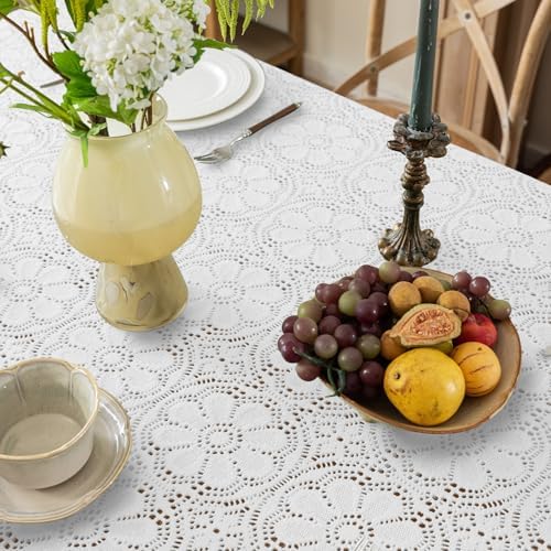 Boho Crochet Cotton Lace Tablecloth Rectangle 60 x 84 Inch White - Image 3