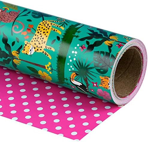 WRAPAHOLIC Jumbo Reversible Jungle Wrapping Paper - Jumbo Roll - 24 Inch x 65.6 Feet - Tigers in the Jungle Wild One Birthday Wrapping Paper for Kids Girls Birthday, Baby Shower by WRAPAHOLIC