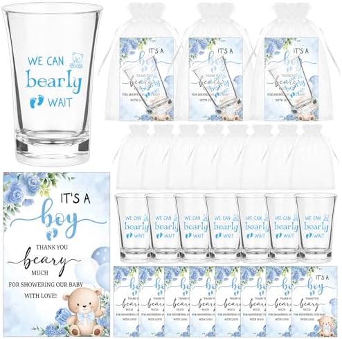 60 Sets Bear Baby Shower Shot Glasses We Can Bearly Wait Clear Acrylic Shot Glasses Boy Girl Theme Baby Shower Favors for Guests with Thank You Card Bag for Gender Reveal Souvenir (Blue) by Unknown